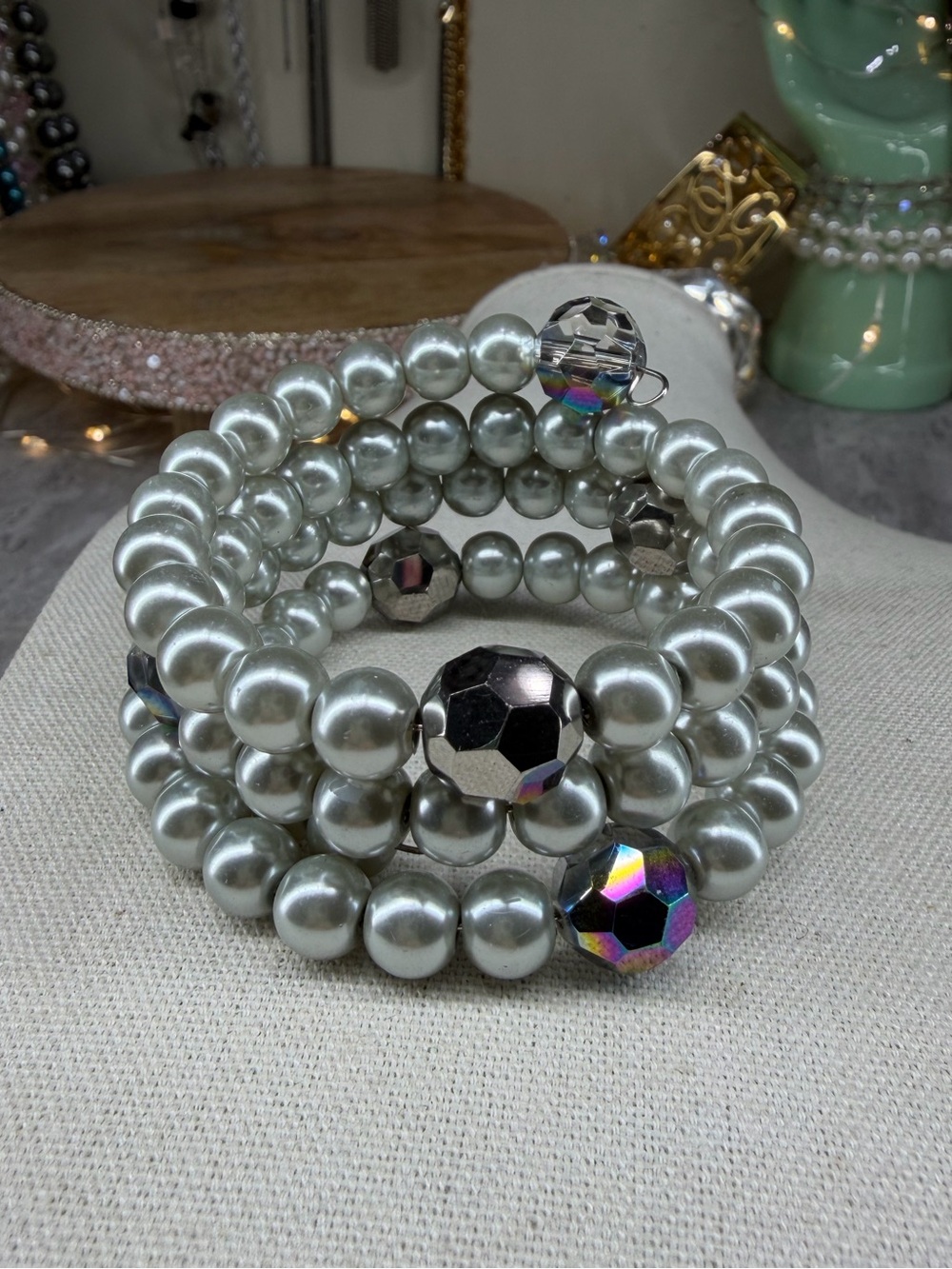 Vintage Glass Pearl Crystal Bracelet Coil Wrap Jewelry Silver/Gray Beads